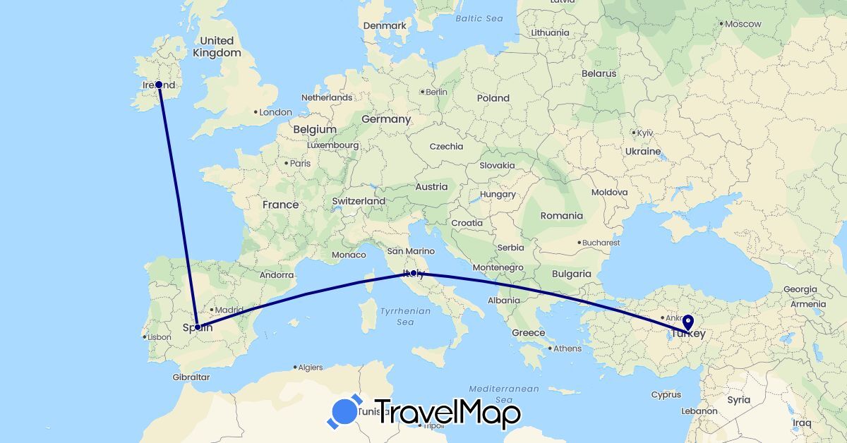 TravelMap itinerary: driving in Spain, Ireland, Italy, Turkey (Asia, Europe)